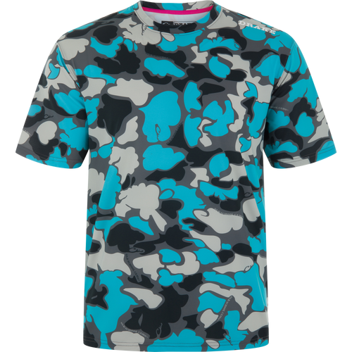 Lake Shore Performance Short Sleeve Crew T-Shirt with stylized camouflage pattern and DRAKE logo, featuring moisture-wicking, quick-drying fabric and UPF 50 protection.