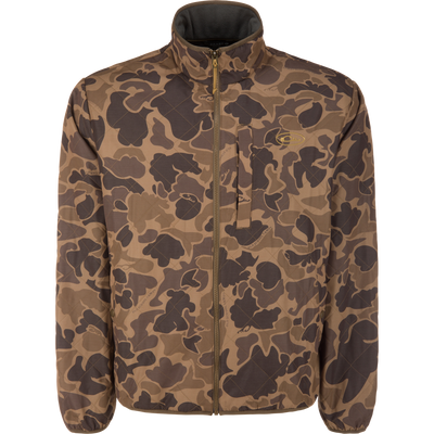 The Lifestyle Delta Quilted Jacket in Old School Sport features a water-resistant camo pattern, zip-up front, high collar, and chest pocket, shown against a plain white background.