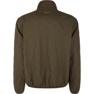 The Delta Quilted Jacket by Lifestyle, shown from the back, features diamond stitching, a high collar, elastic hem, water-resistant fabric, and a circular logo centered below the collar.