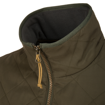 Close-up of the upper section of the Delta Quilted Jacket by Lifestyle in olive green. Features a standing collar, dark lining, tan zipper pull, and diamond stitch pattern for outdoor style.