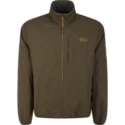 The Delta Quilted Jacket by Lifestyle in Forest Night Olive features a gold zipper, high collar, chest pocket, long sleeves, subtle left chest logo, and water-resistant design.