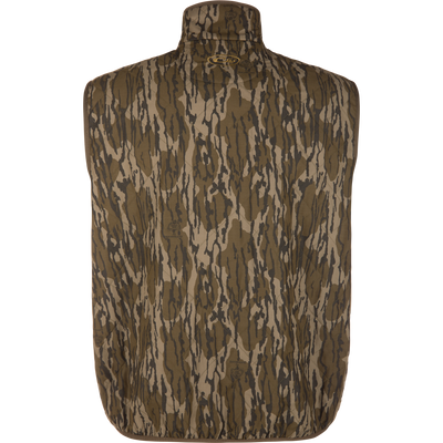 Back view of a Delta Quilted Vest in a brown and green camouflage pattern with a high collar.