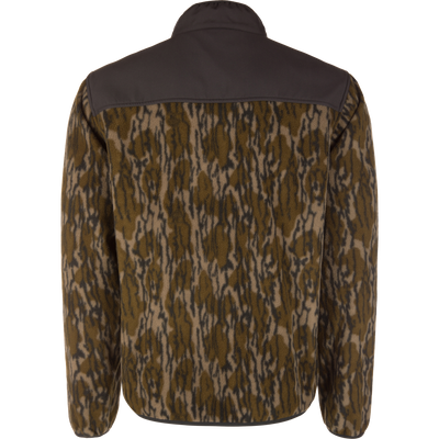 Back view of the Camp Fleece Over Under Quarter Zip, a durable outdoor fleece jacket featuring a camouflage pattern and a solid dark brown yoke.