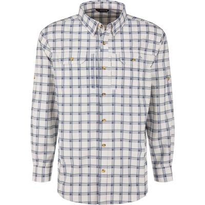 Lifestyle Wingshooter Hunter Creek Shirt in a blue bird white plaid, featuring a long-sleeved button-down design with two chest pockets and a button-down collar.
