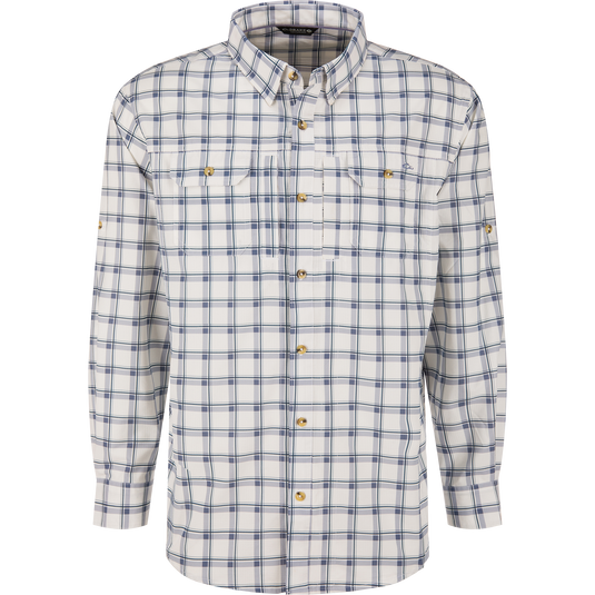 Lifestyle Wingshooter Hunter Creek Shirt in a blue bird white plaid, featuring a long-sleeved button-down design with two chest pockets and a button-down collar.