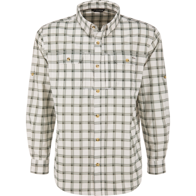 Lifestyle Wingshooter Hunter Creek Shirt in a moisture-wicking, long-sleeve, dusty olive and white plaid pattern, featuring two chest pockets and sleeve tabs for versatile UPF sun protection.