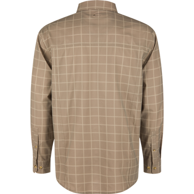 Back view of a tan, moisture-wicking long-sleeved button-up Wingshooter Hunter Creek Shirt featuring a white grid pattern.