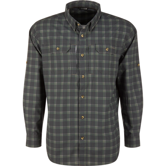 Long-sleeved Lifestyle Wingshooter Hunter Creek shirt in a Wetlands Green Slate Plaid pattern with two chest pockets and moisture-wicking fabric.