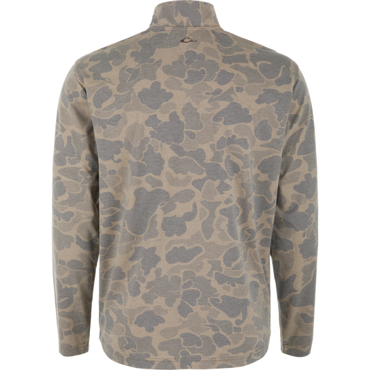 Back view of a breathable tan and grey camo print Tri-Blend Over Under Quarter Zip designed for lightweight comfort.