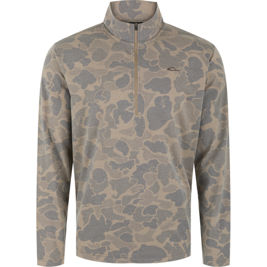 Lifestyle Tri-Blend Over Under Quarter Zip in Old School Sport, a tan and grey camouflage lightweight pullover with a high neck and zipper closure.