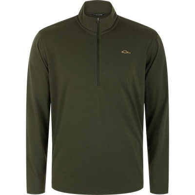 Forest Night Olive Tri-Blend Over Under Quarter Zip, a lightweight pullover with long sleeves and a small gold logo on the left chest.