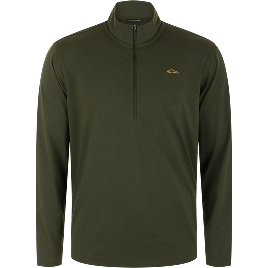 Forest Night Olive Tri-Blend Over Under Quarter Zip, a lightweight pullover with long sleeves and a small gold logo on the left chest.