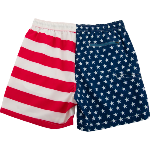 Americana Lake Shore Dock Short with American-flag motif, elastic waistband, zippered back pocket, and mesh-lined front pockets, perfect for water activities.