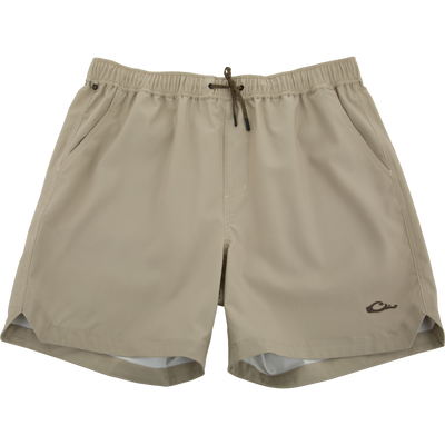 Lake Shore Dock Short with elastic waistband, drawstring, angled pockets, and a small logo, designed for comfort and movement with water-repellent fabric.
