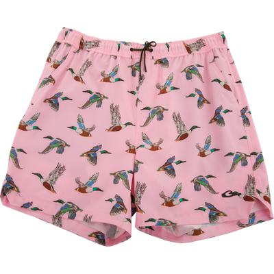 Lake Shore Dock Short with flying duck print, elastic drawstring waistband, mesh-lined and zippered pockets, designed for comfort and movement during water activities.