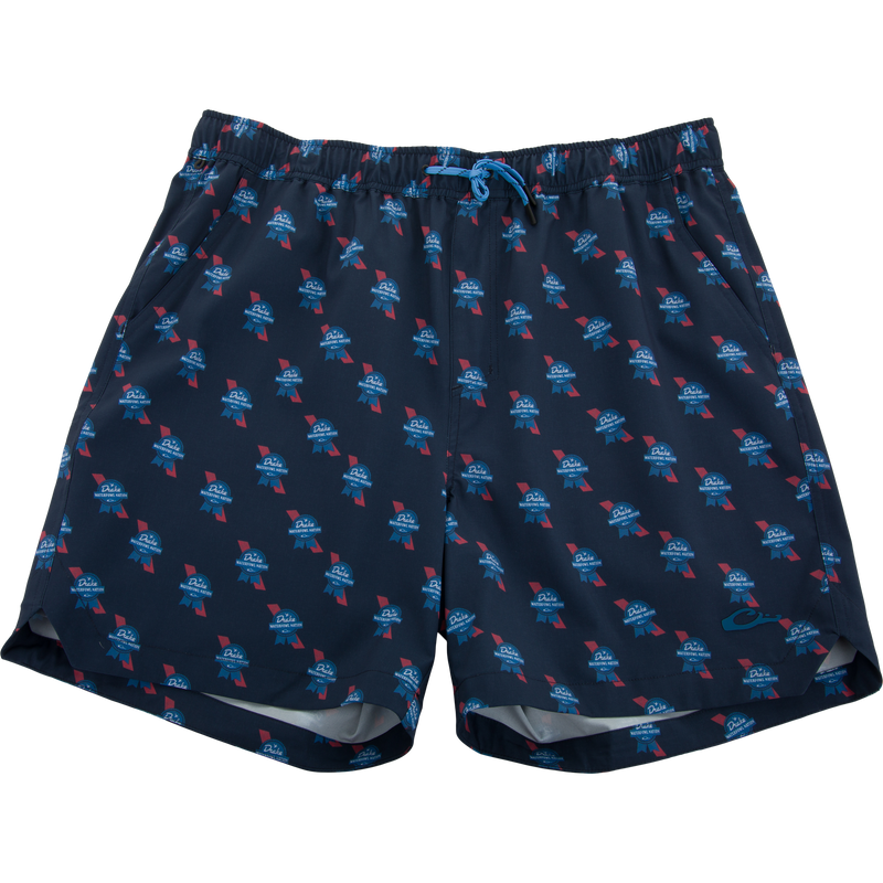 Americana Lake Shore Dock Short, navy boardshorts with Duke Waterfowl Nation emblem, elastic waistband, drawstring, and mesh-lined pockets for comfort and functionality.