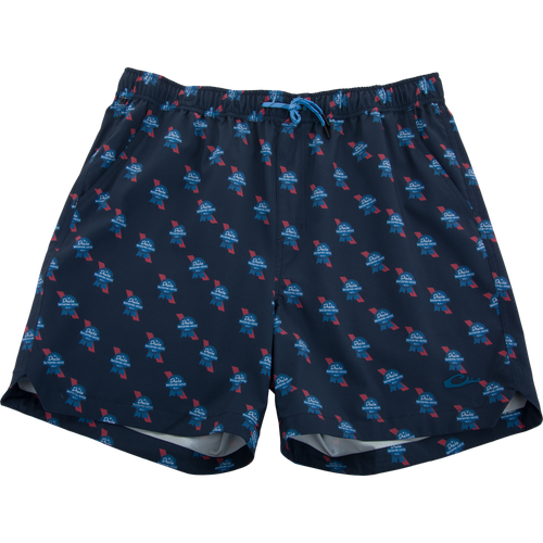 Americana Lake Shore Dock Short, navy boardshorts with Duke Waterfowl Nation emblem, elastic waistband, drawstring, and mesh-lined pockets for comfort and functionality.