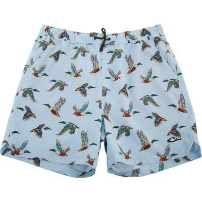 Lake Shore Dock Short with flying mallard print, elastic waistband, drawstring, and pockets; ideal for water activities with DWR finish and stretch fabric.