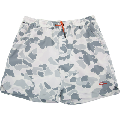 Lake Shore Dock Short featuring a white-gray camo pattern, elastic waistband with orange drawcord, mesh-lined pockets, and a red logo on the hem.