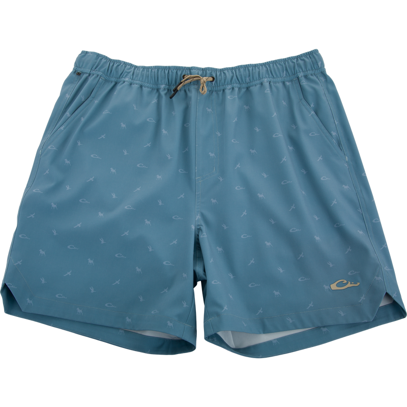 Lake Shore Dock Short with elastic waistband, drawstring, and tiny motifs. Features mesh-lined pockets, zippered side pocket, and water-repellent fabric for versatile outdoor use.