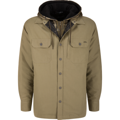 Gadwall Brown The Campfire Flannel Hoodie with two chest pockets and a quilted, camouflage-patterned inner lining.