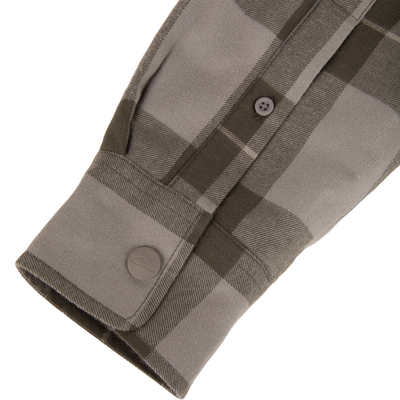 Close-up of a grey and dark grey plaid Campfire Flannel Hoodie sleeve cuff with a button closure.