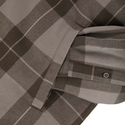 Close-up of a grey and dark brown plaid The Campfire Flannel Hoodie by Lifestyle featuring a buttoned cuff.