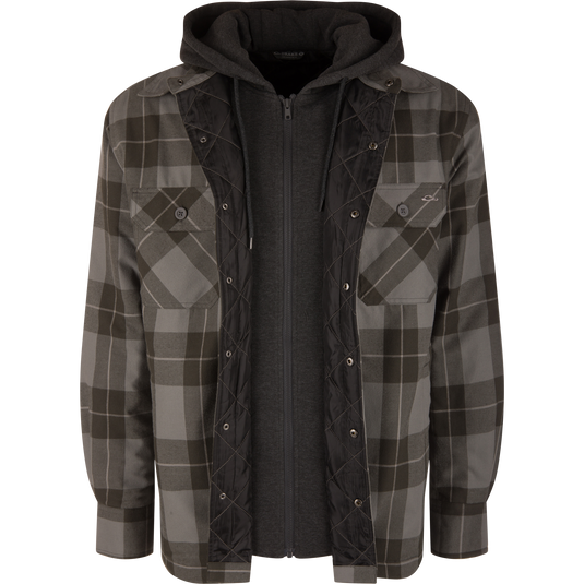 Lifestyle Campfire Flannel Hoodie in gray and black plaid with a quilted interior lining and an attached charcoal gray zippered hood.