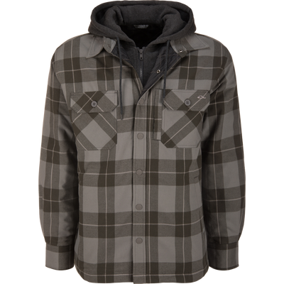 Lifestyle The Campfire Flannel Hoodie in slate gray plaid, featuring a dark gray attached hood and zippered vest insert.