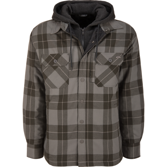 Lifestyle The Campfire Flannel Hoodie in slate gray plaid, featuring a dark gray attached hood and zippered vest insert.