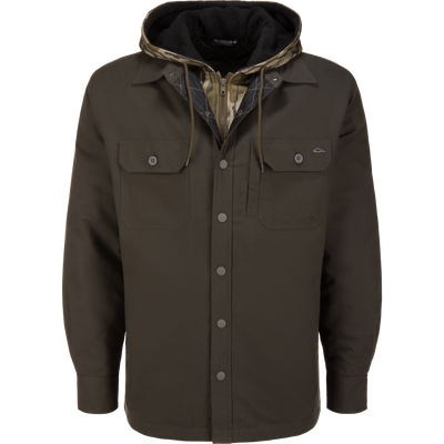 Slate gray button-front The Campfire Flannel Hoodie with a camouflage-patterned lining.