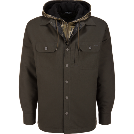 Slate gray button-front The Campfire Flannel Hoodie with a camouflage-patterned lining.