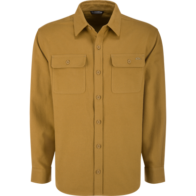 The Lifestyle Mid-Wale Solid Corduroy Shirt in Field Khaki is a wrinkle-resistant men’s shirt with long sleeves, button-up front, two chest pockets with flaps, and classic collar, shown on a plain white background.