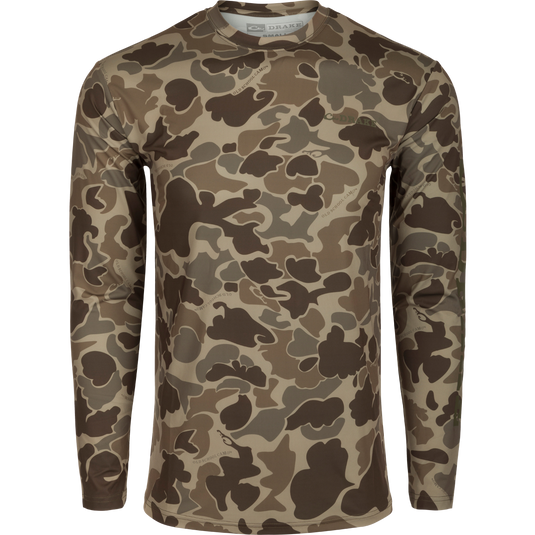 Drake Long Sleeve Performance Crew with advanced features like UPF 50 and moisture-wicking, ideal for versatile outdoor activities in various weather conditions.