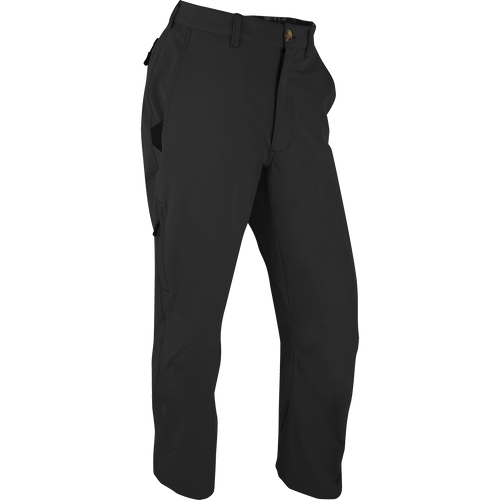 Alt text: Stretch Tech Pants by Drake Waterfowl: Durable black trousers with YKK zippers, cargo pockets, and moisture-wicking 4-way stretch for hunting and outdoor activities.