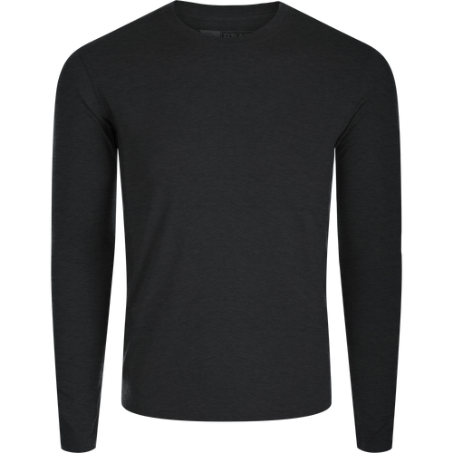 Hunter Creek Bamboo Long Sleeve Crew, a plain dark shirt with crew-neck and long sleeves, designed for comfort and year-round use with breathable, quick-drying fabric.