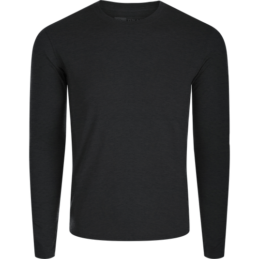 Hunter Creek Bamboo Long Sleeve Crew, a plain dark shirt with crew-neck and long sleeves, designed for comfort and year-round use with breathable, quick-drying fabric.