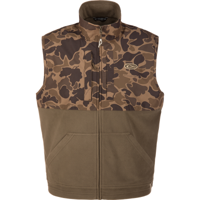 The Lifestyle Eqwader Vest in Old School Sport features a sleeveless design, camouflage upper, solid olive fleece lower, front zipper, and two pockets—a breathable hunting vest for outdoor use.