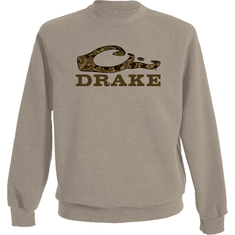 Old School Graphic Crew Sweatshirt featuring the Drake logo with exclusive Old School Camo fill, crafted from a soft 60% cotton and 40% polyester blend.