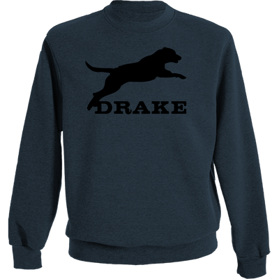 Leaping Lab Crew Graphic Sweatshirt with Drake logo and leaping black lab, crafted from a soft cotton-polyester blend for comfort and durability.