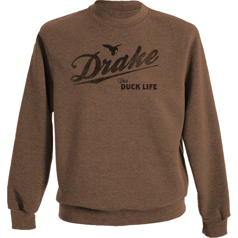 The Drake Life Graphic Crew Sweatshirt features a Drake Duck Life graphic, offering midweight comfort with a 60% cotton, 40% polyester blend, ideal for casual wear.