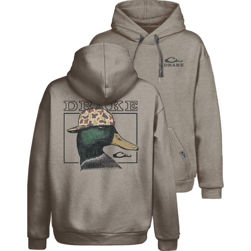 Back Cap Mallard Graphic Hoodie featuring a Drake logo on front, mallard graphic on back, adjustable hood, kangaroo pocket, and side stretch panels for comfort.
