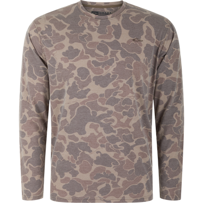 Drake Tri-Blend Crew in camouflage print, featuring a long-sleeve, crew-neck design, showcases breathable, lightweight fabric with stretch, suitable for active or casual wear.