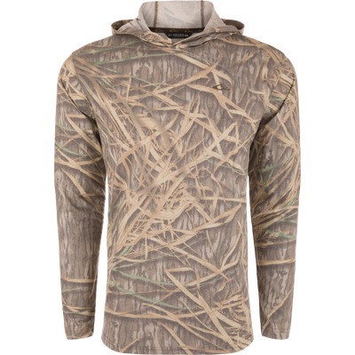 Drake Tri-Blend Long Sleeve Hoodie on mannequin, featuring tall grass camo pattern. Lightweight, breathable, with built-in stretch for versatile comfort.