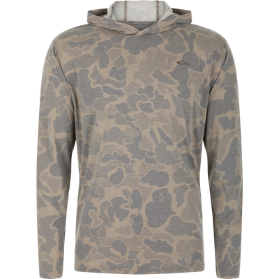 The Drake Tri-Blend Long Sleeve Hoodie by Lifestyle features an Old School Sport camo pattern and is shown on a plain white background.