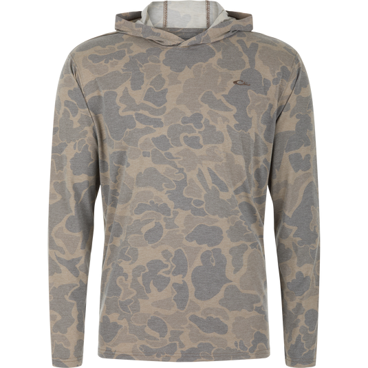 The Drake Tri-Blend Long Sleeve Hoodie by Lifestyle features an Old School Sport camo pattern and is shown on a plain white background.