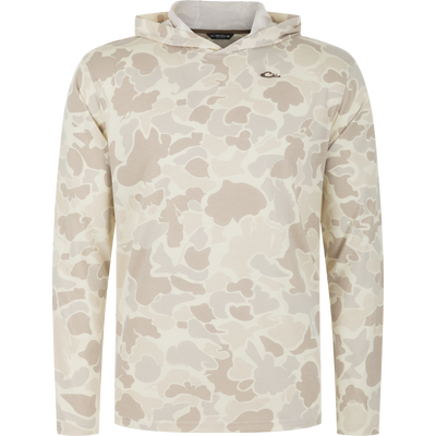 The Drake Tri-Blend Long Sleeve Hoodie by Lifestyle features an Old School Sand camo pattern and lightweight fabric, shown on a plain white background.