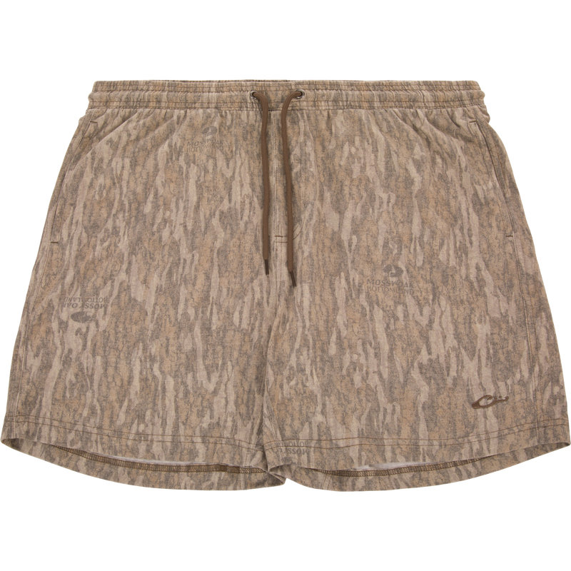 Tri-Blend Campus Short in woodland camo, flat-laid; features elastic waistband, drawstring, 7-inch inseam, crafted from soft, breathable, quick-drying cotton/poly/rayon blend.