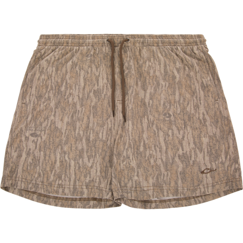 Tri-Blend Campus Short in woodland camo, flat-laid; features elastic waistband, drawstring, 7-inch inseam, crafted from soft, breathable, quick-drying cotton/poly/rayon blend.
