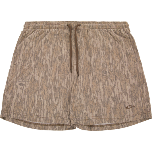 Tri-Blend Campus Short in woodland camo, flat-laid; features elastic waistband, drawstring, 7-inch inseam, crafted from soft, breathable, quick-drying cotton/poly/rayon blend.